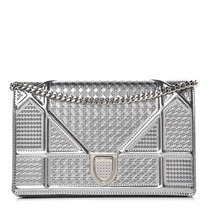 Christian Dior Metallic Patent Micro-Cannage Diorama Wallet on Chain Pouch Silver 1 of 9