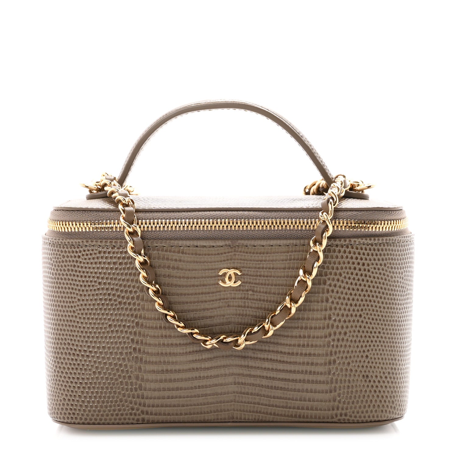 Chanel Calfskin Lizard Embossed Top Handle Vanity With Chain Dark Khaki 1 of 11