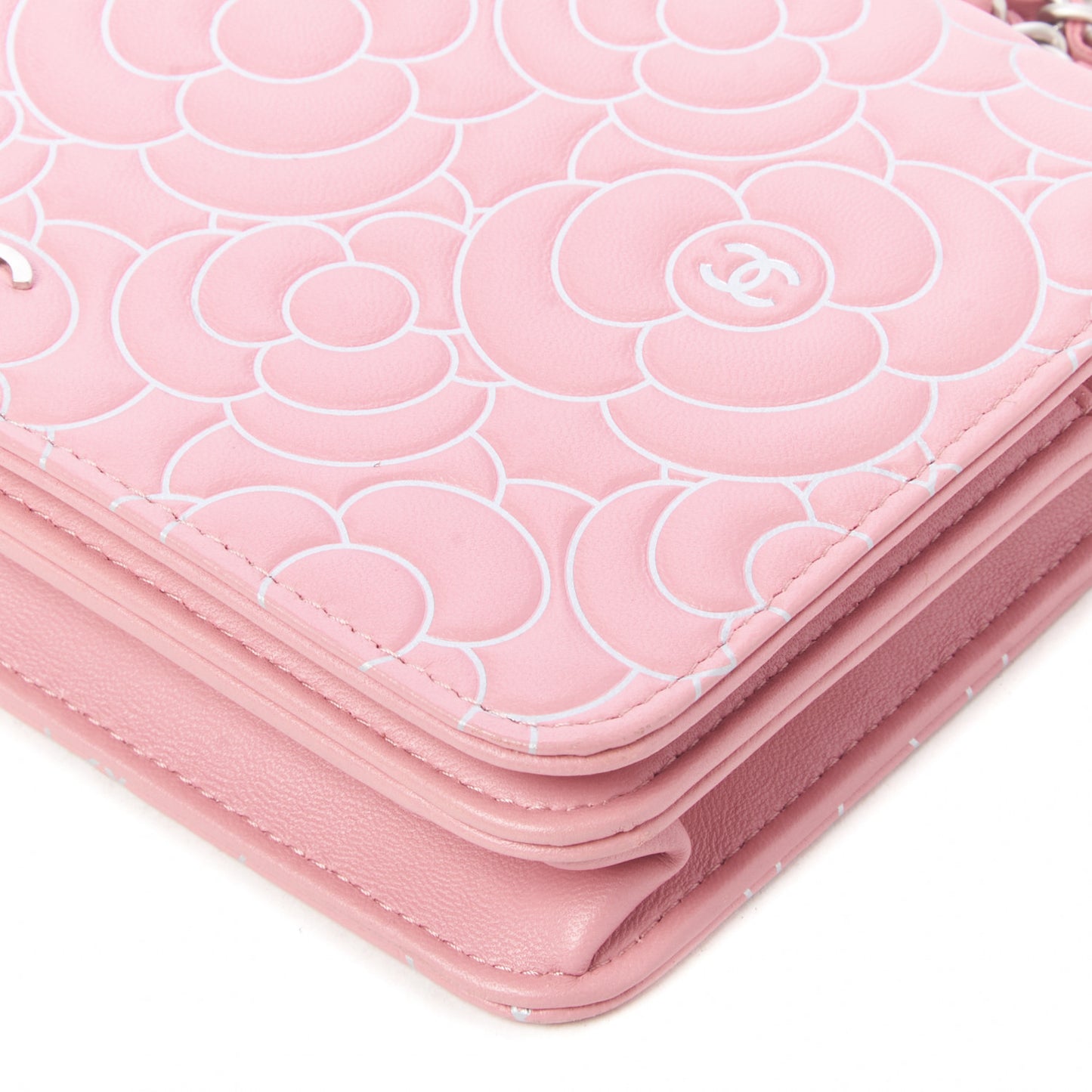 Lambskin Camellia Embossed Wallet On Chain WOC Pink