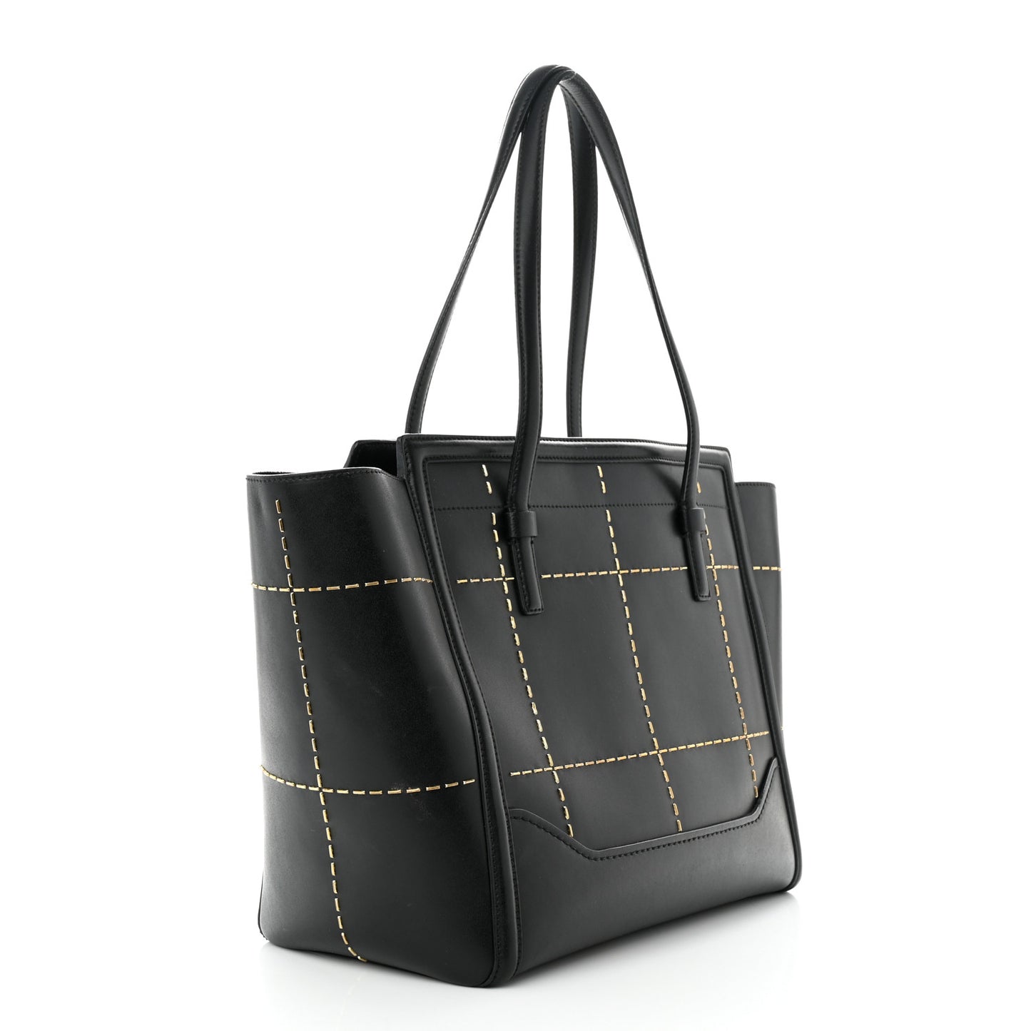 Calfskin Stitched Double Handle Medium Amy Tote Black