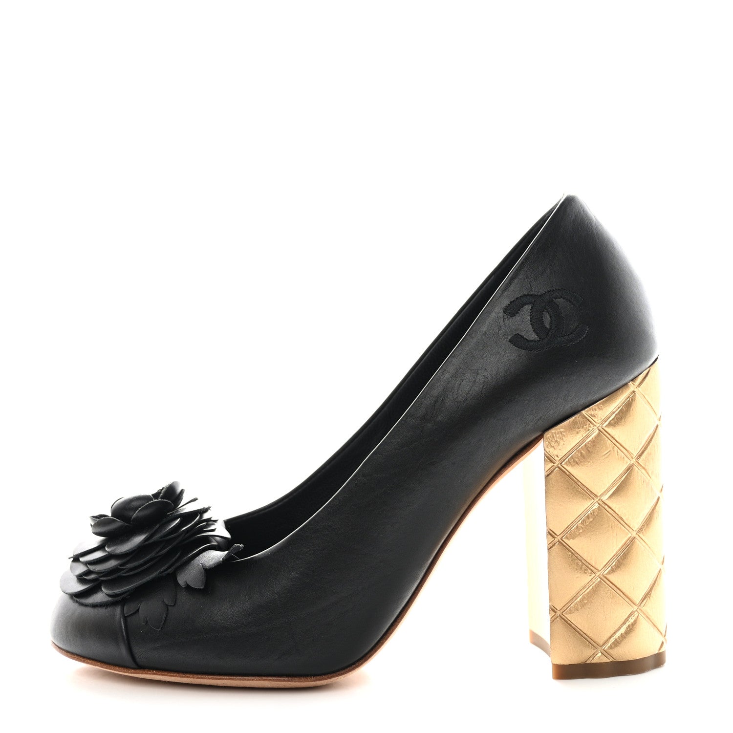 Chanel Calfskin Camellia High Pumps 35.5 Black Gold 1 of 10