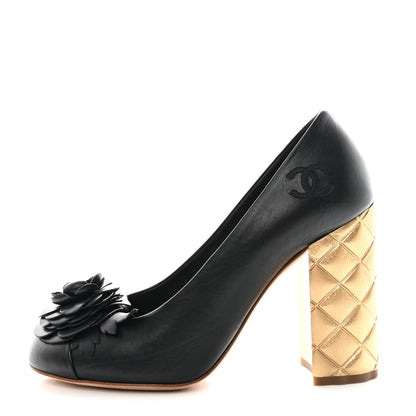 Chanel Calfskin Camellia High Pumps 35.5 Black Gold 1 of 10