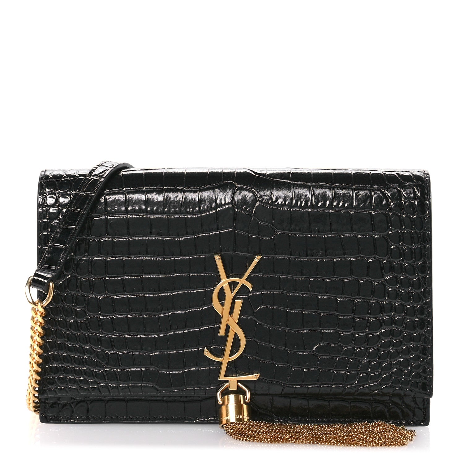 Saint Laurent Calfskin Crocodile Embossed Small Classic Monogram Kate Tassel Satchel Black 1 of 10