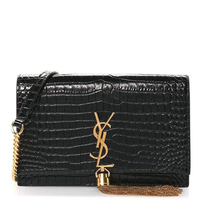 Saint Laurent Calfskin Crocodile Embossed Small Classic Monogram Kate Tassel Satchel Black 1 of 10