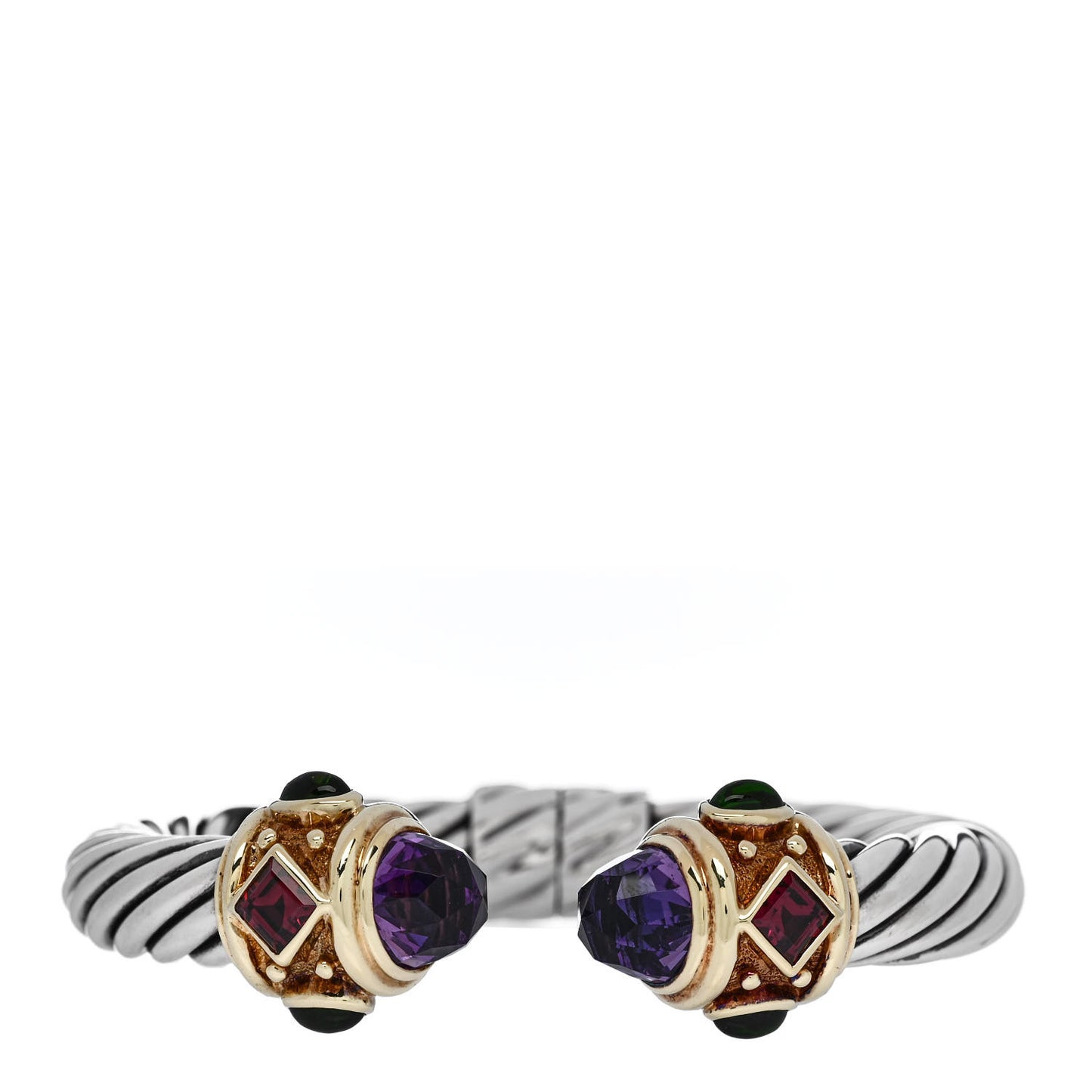 Sterling Silver 14K Yellow Gold Amethyst Green Tourmaline Garnet 10mm Cable Renaissance Bracelet
