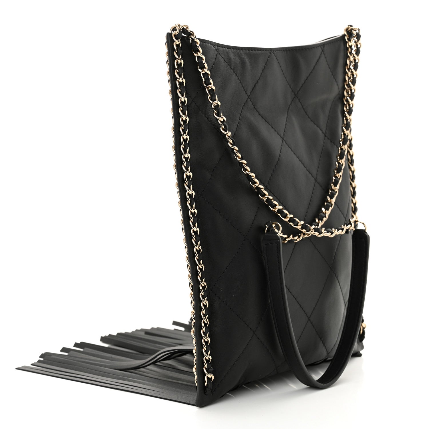 Chanel Calfskin Quilted Fringe Small Shopping Bag Black 3 of 10