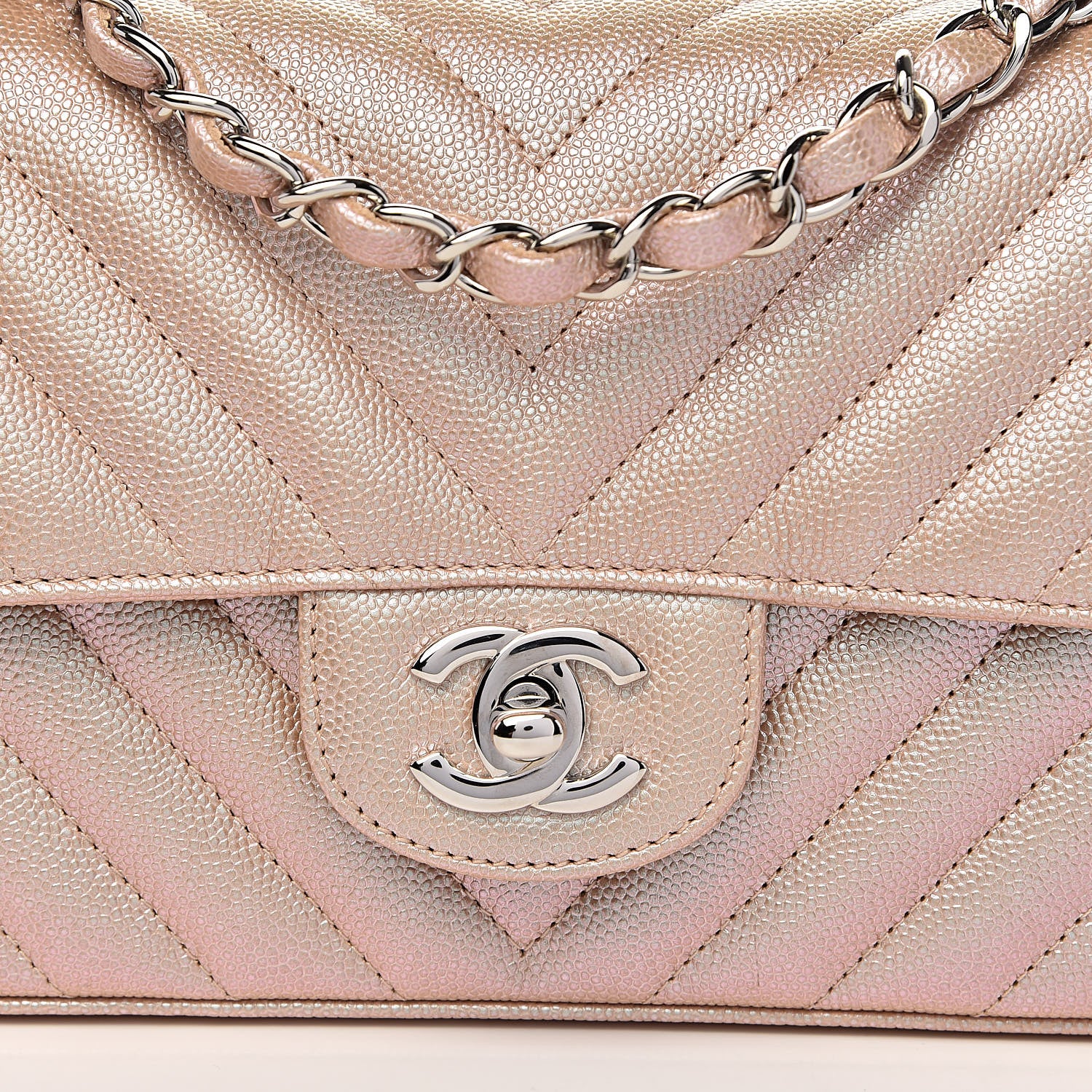Chanel Iridescent Caviar Chevron Quilted Mini Rectangular Flap Light Gold 10 of 11