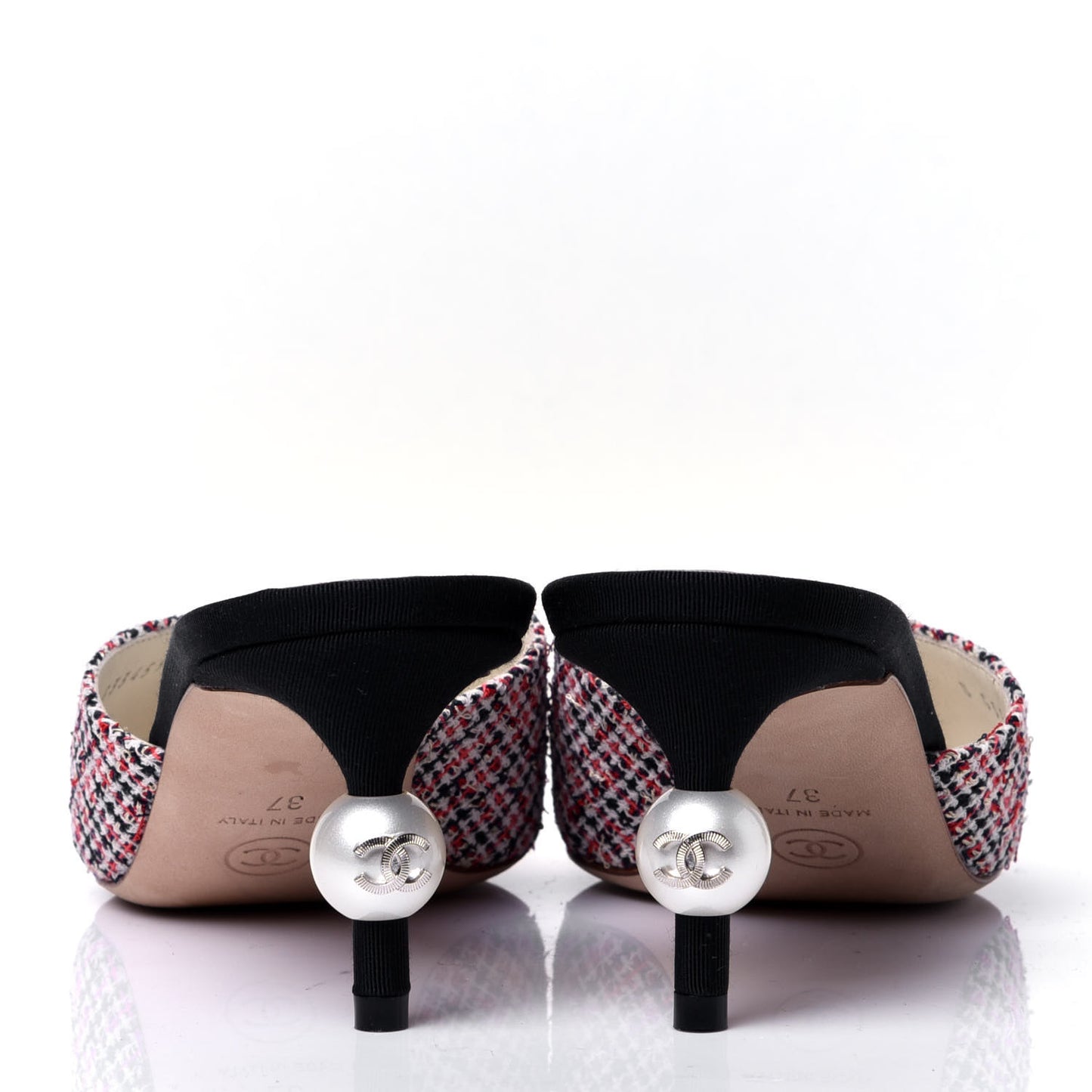 Tweed Grosgrain Pearl Cap Toe Mules 37 Black Red