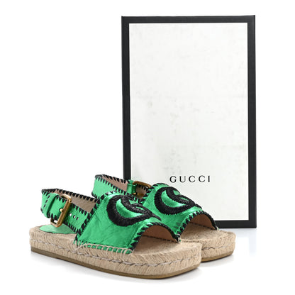 Gucci Metallic Nappa Embroidered Double G Espadrille Slingback Sandals 35 Green 17 of 17