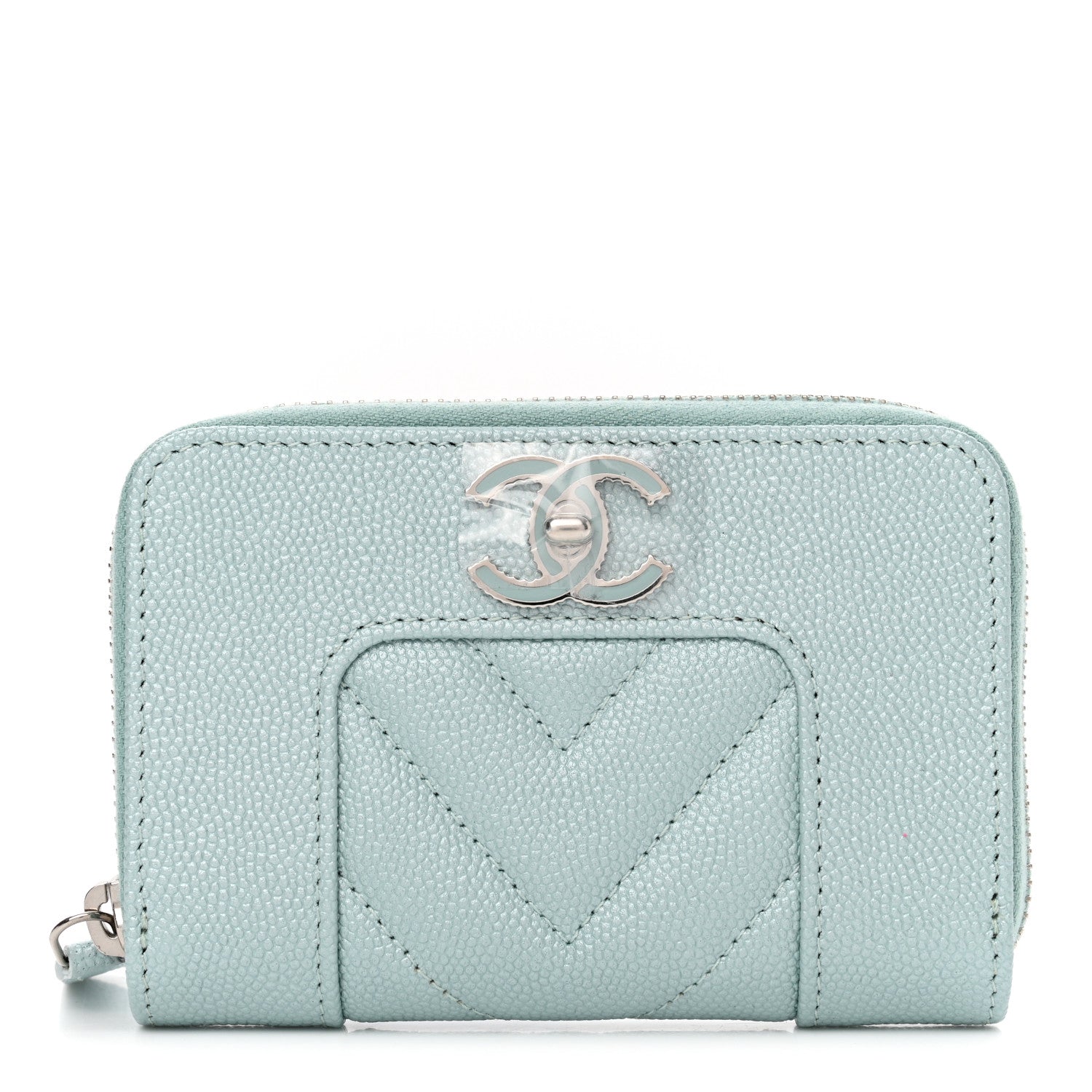Chanel Metallic Caviar Chevron Quilted Vintage Mademoiselle Zip Coin Purse Light Blue 1 of 7