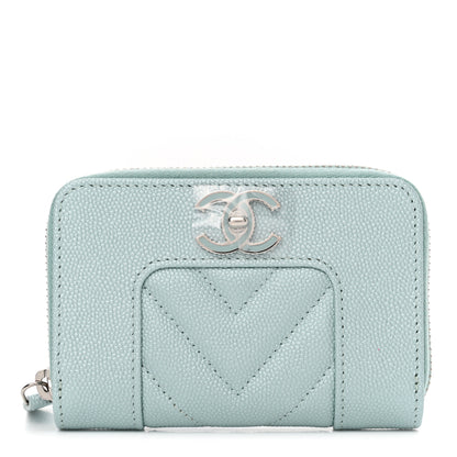 Chanel Metallic Caviar Chevron Quilted Vintage Mademoiselle Zip Coin Purse Light Blue 1 of 7