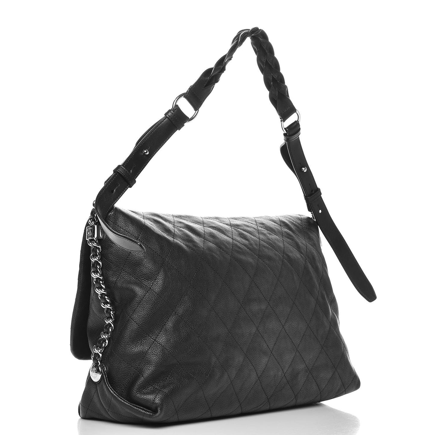 Grained Calfskin Stitched Medium Braided With Style Flap Black