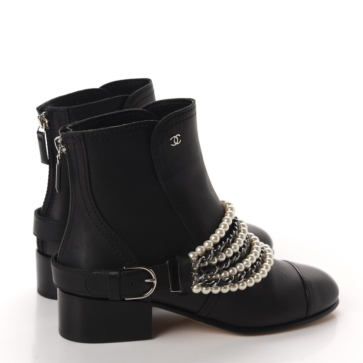 Chanel Calfskin Pearl Cap Toe Short Boots 37 Black 3 of 11