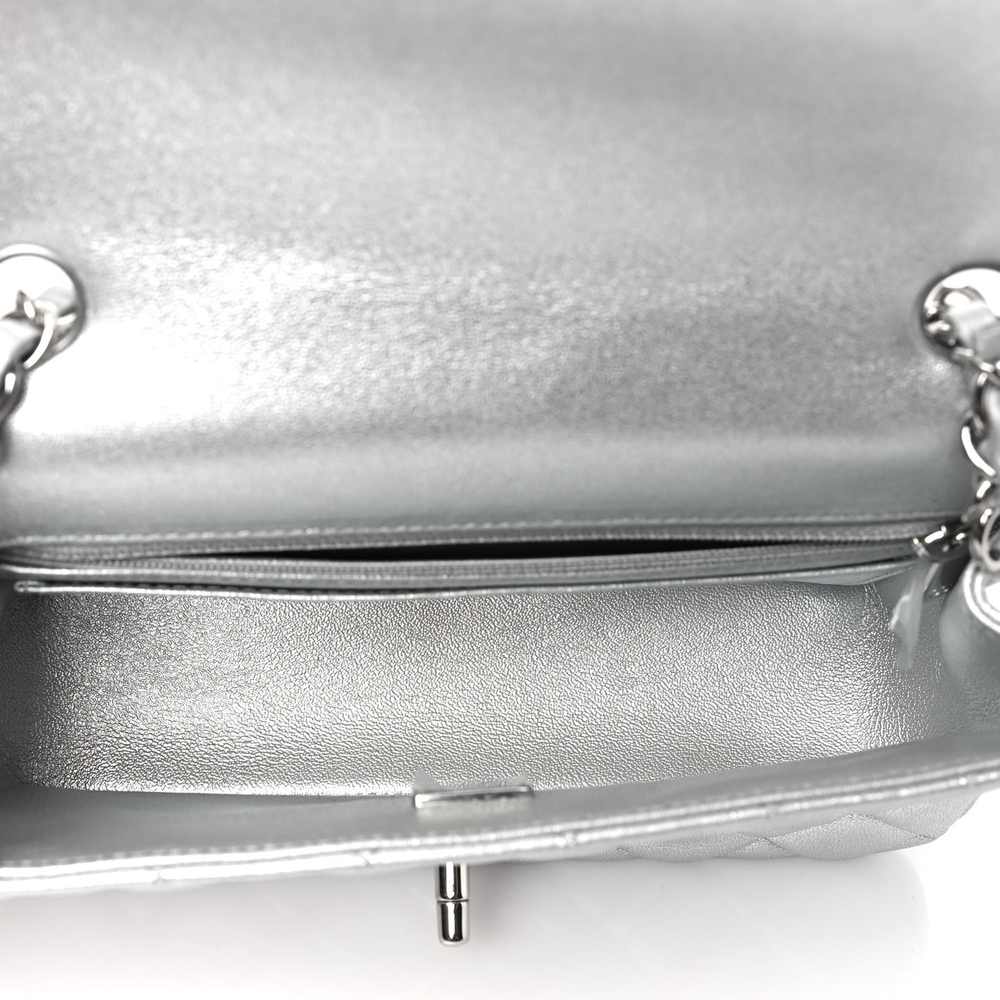 Metallic Lambskin Quilted Mini Rectangular Flap Silver