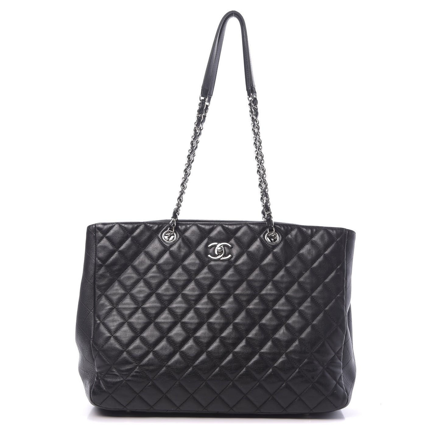 Calfskin Quilted Large CC Shopping Tote Black