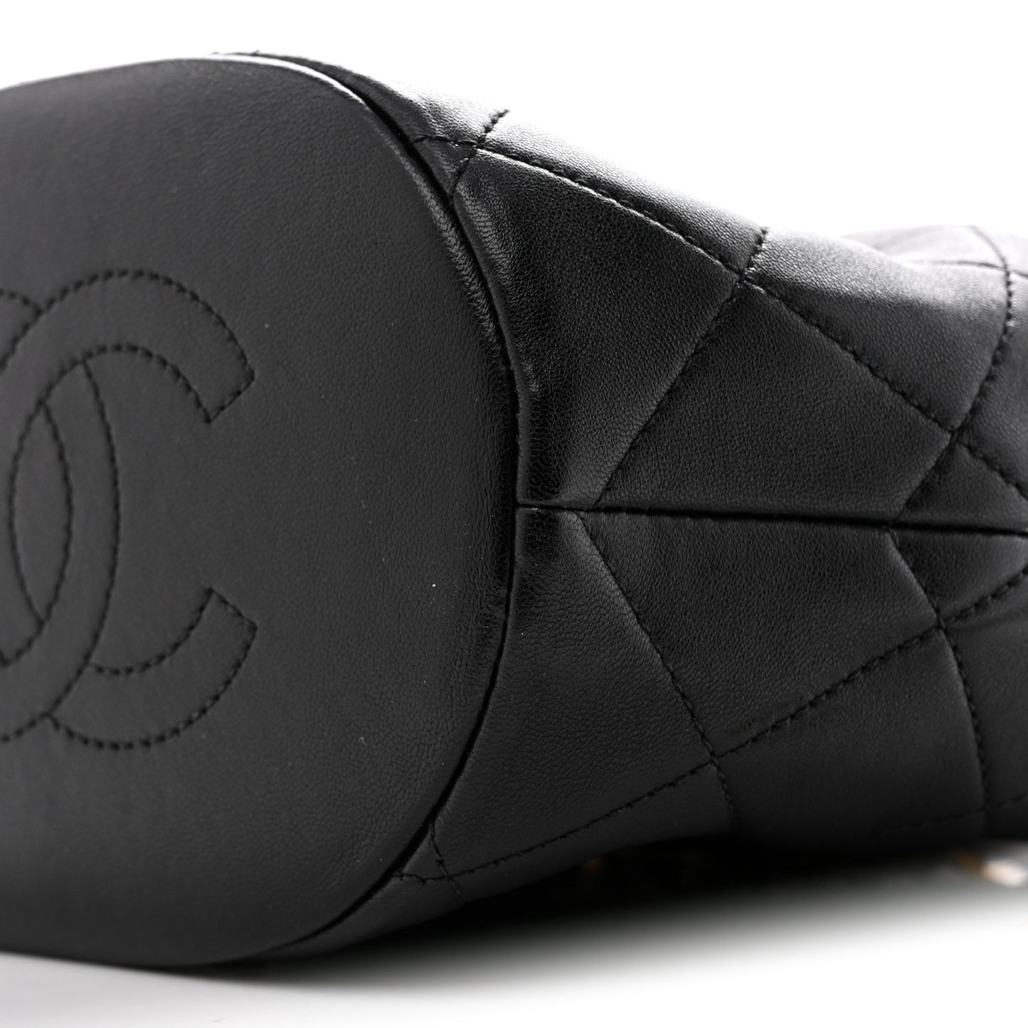 Shiny Lambskin Quilted Chain Is More Drawstring Bag Black
