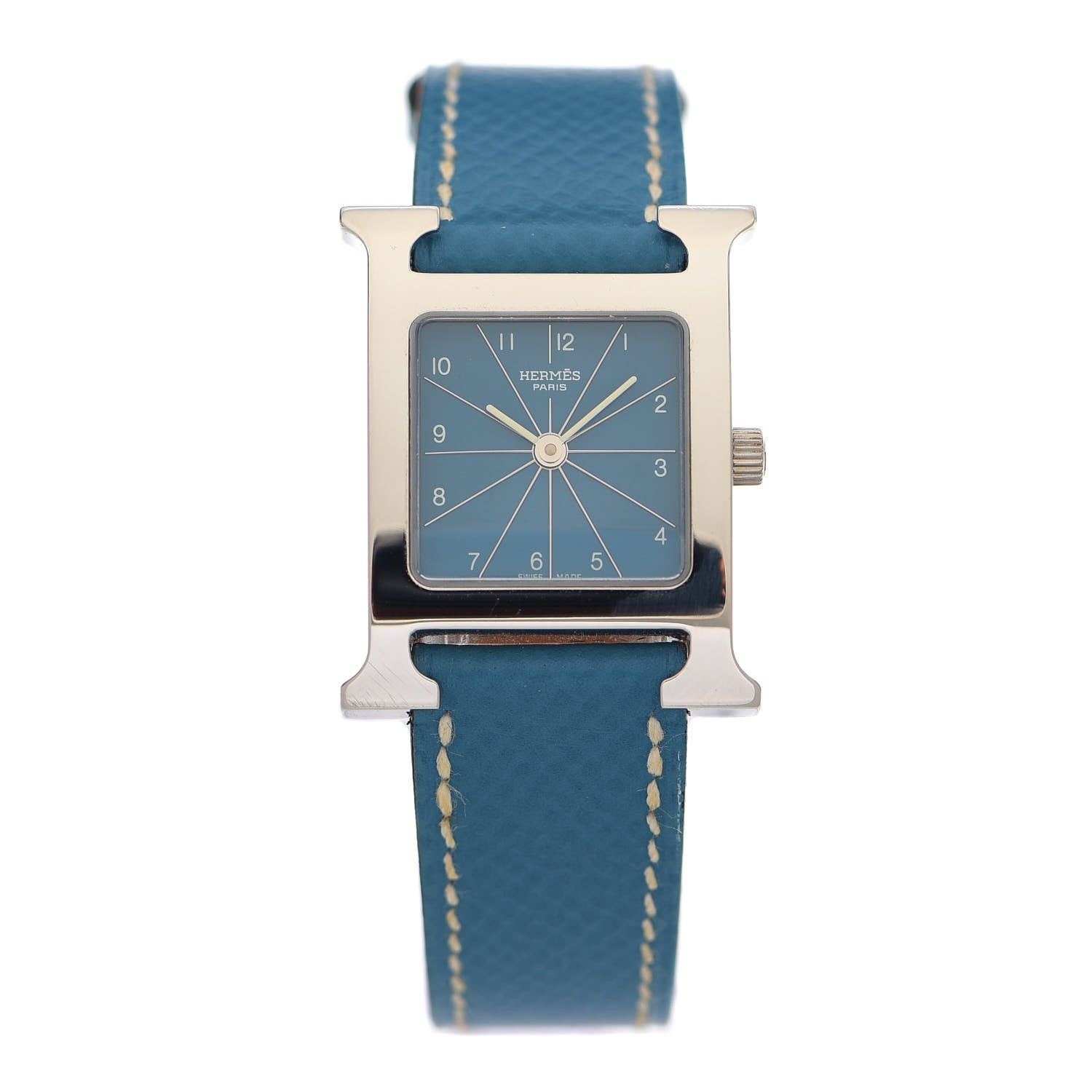 Hermes Stainless Steel Courchevel 21mm Heure H Hour Quartz Watch Blue Jean 1 of 5