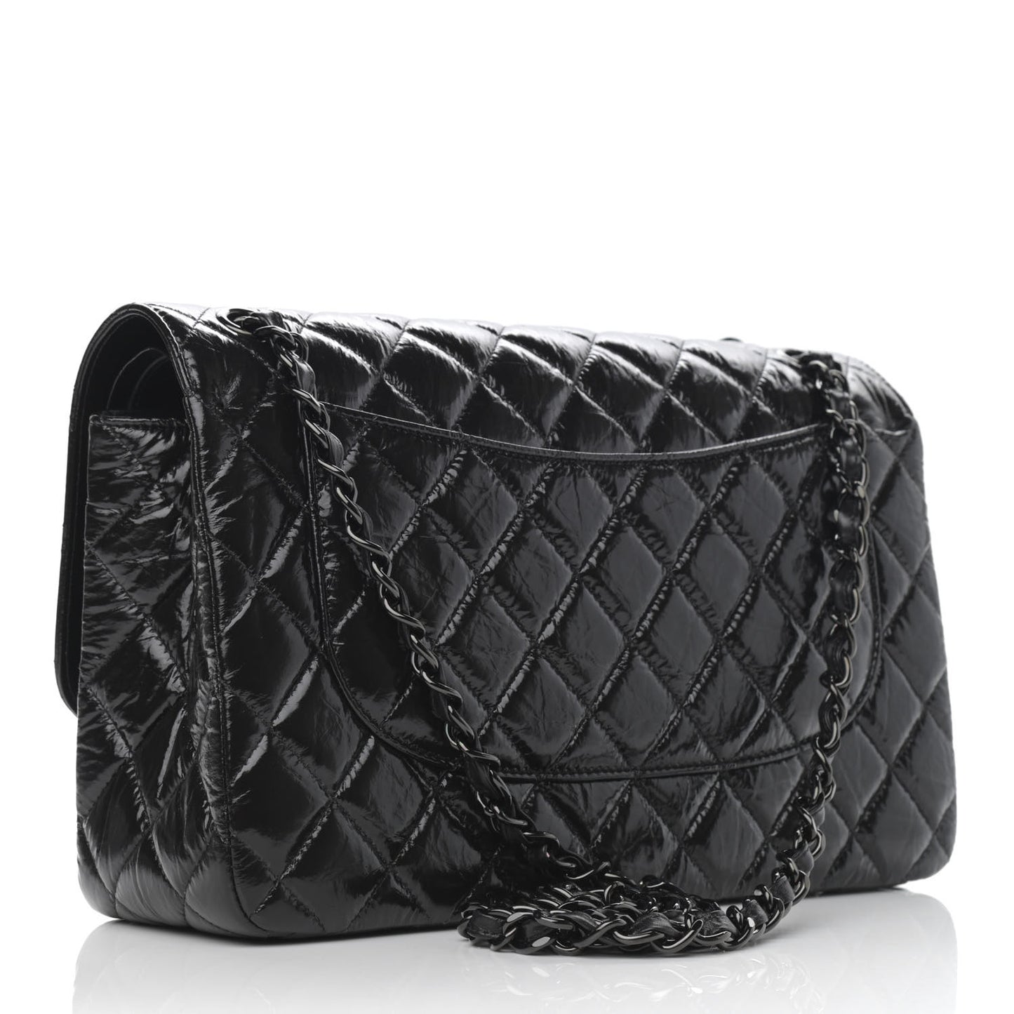 Shiny Distressed Calfskin Quilted Jumbo Double Flap So Black