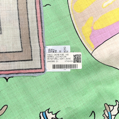 Hermes Cashmere Silk Locomotion Shawl 140 Naturel Vert Jaune 4 of 4