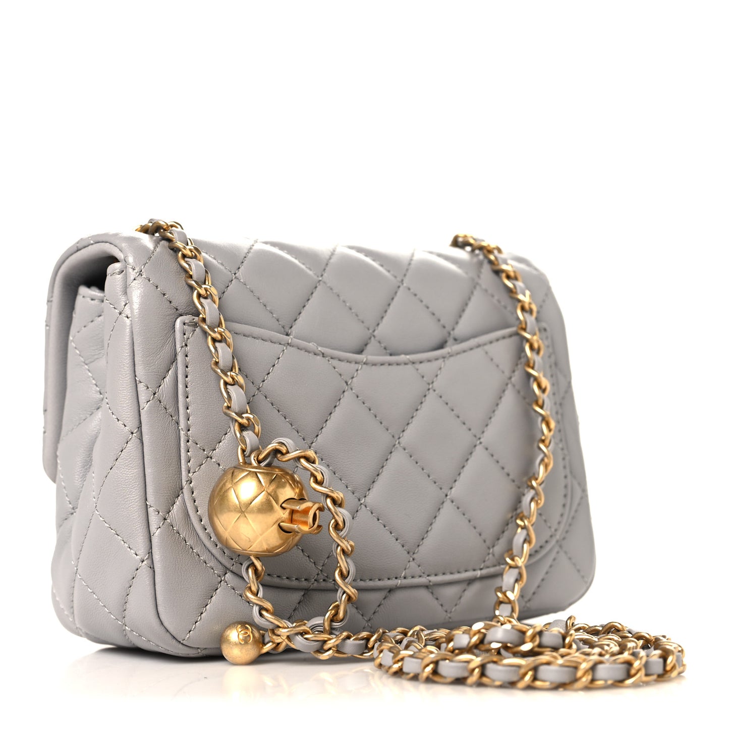 Lambskin Quilted Mini Pearl Crush Flap Light Grey