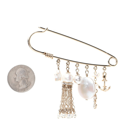 Chanel Pearl Crystal CC Charms Safety Pin Brooch Gold 2 of 4