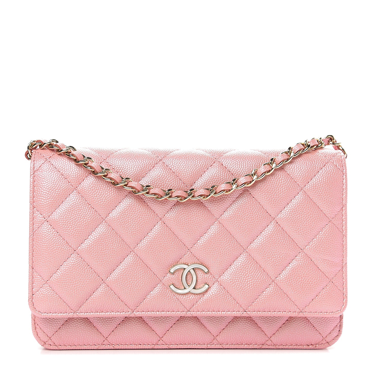 Iridescent Caviar Quilted Wallet on Chain WOC Rose Pink