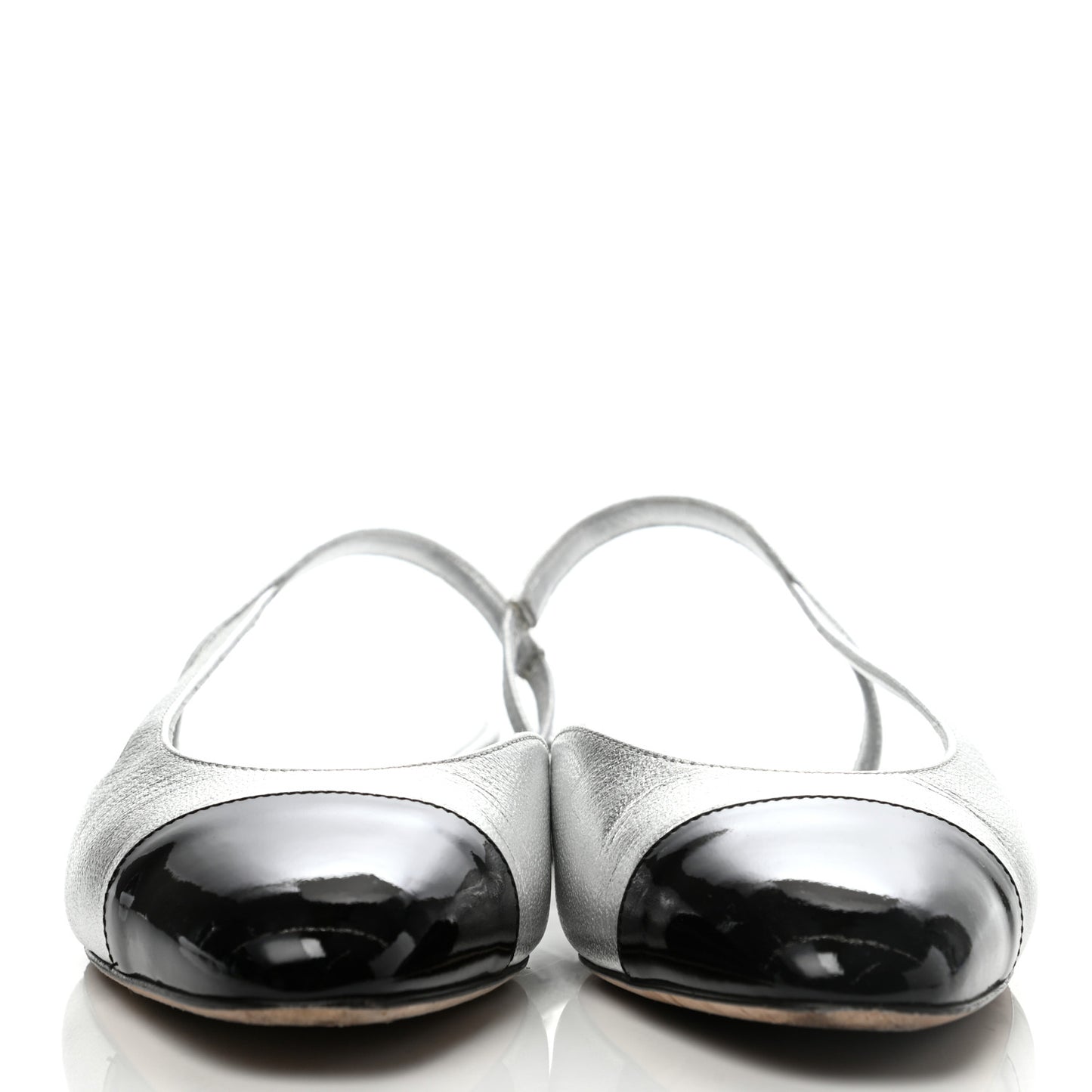 Metallic Goatskin Patent Calfskin Cap Toe CC Slingback Flats 38 Black Silver