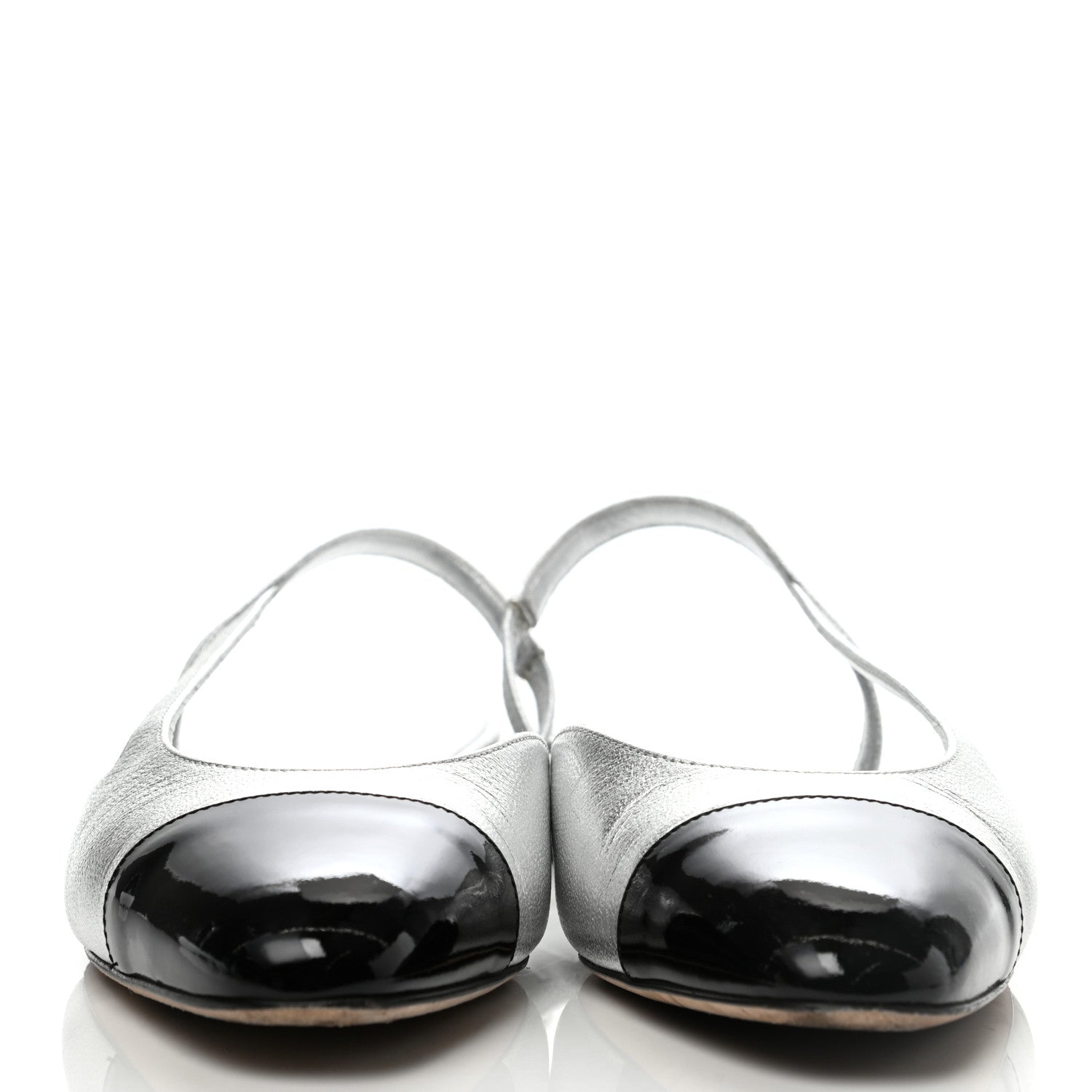 Chanel Metallic Goatskin Patent Calfskin Cap Toe CC Slingback Flats 38 Black Silver 2 of 8
