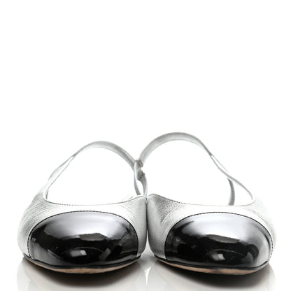 Chanel Metallic Goatskin Patent Calfskin Cap Toe CC Slingback Flats 38 Black Silver 2 of 8