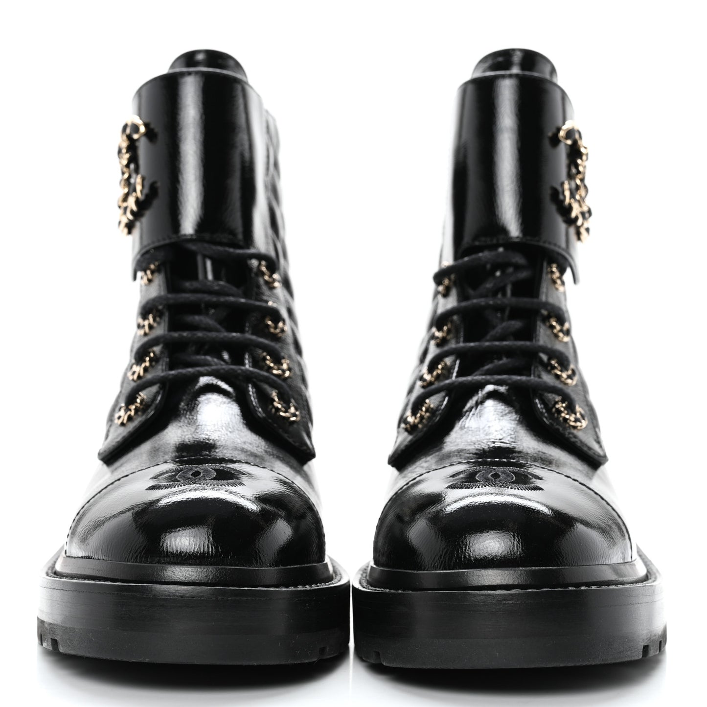 Shiny Calfskin Quilted Lace Up Combat Boots 39 Black