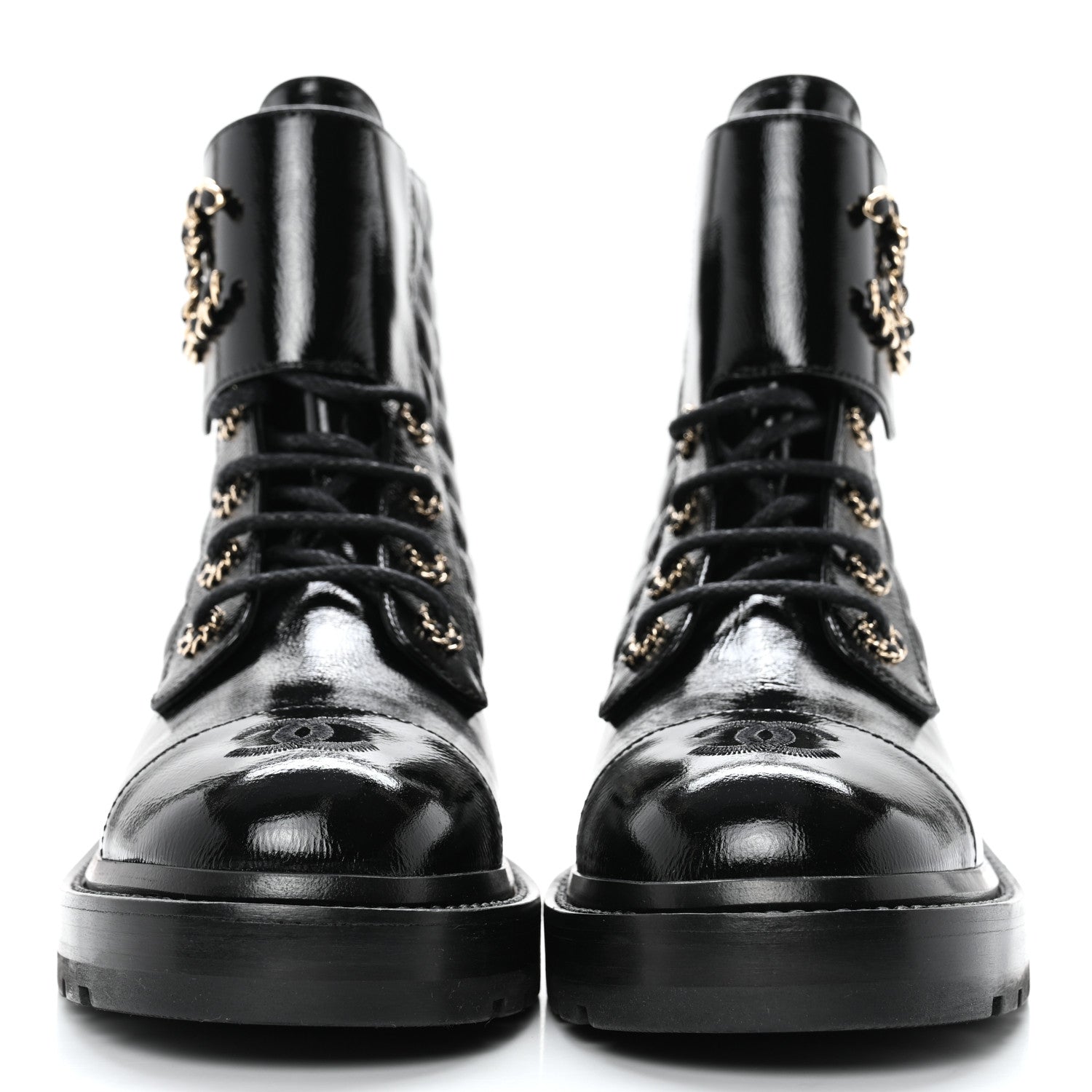 Chanel Shiny Calfskin Quilted Lace Up Combat Boots 39 Black 2 of 10