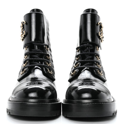 Chanel Shiny Calfskin Quilted Lace Up Combat Boots 39 Black 2 of 10