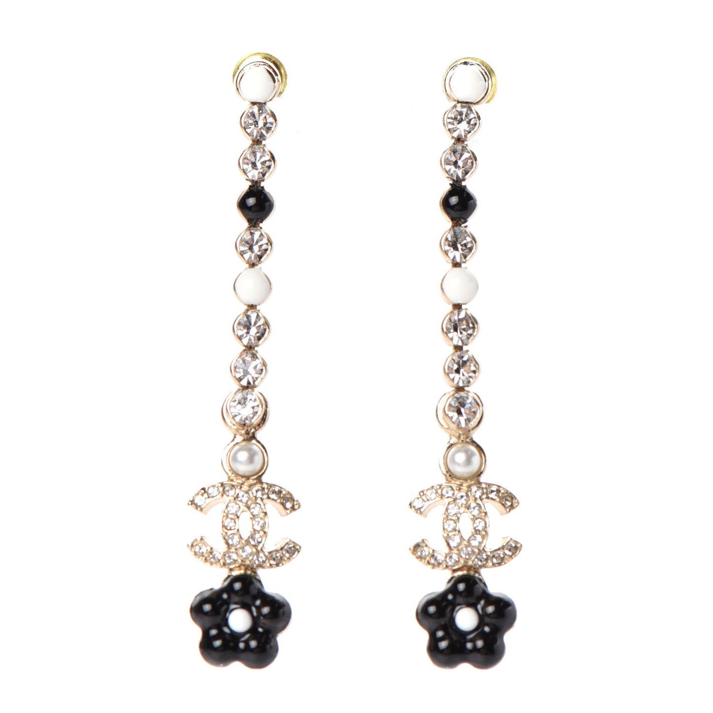 Crystal Enamel Flower CC Drop Earrings Gold White Black