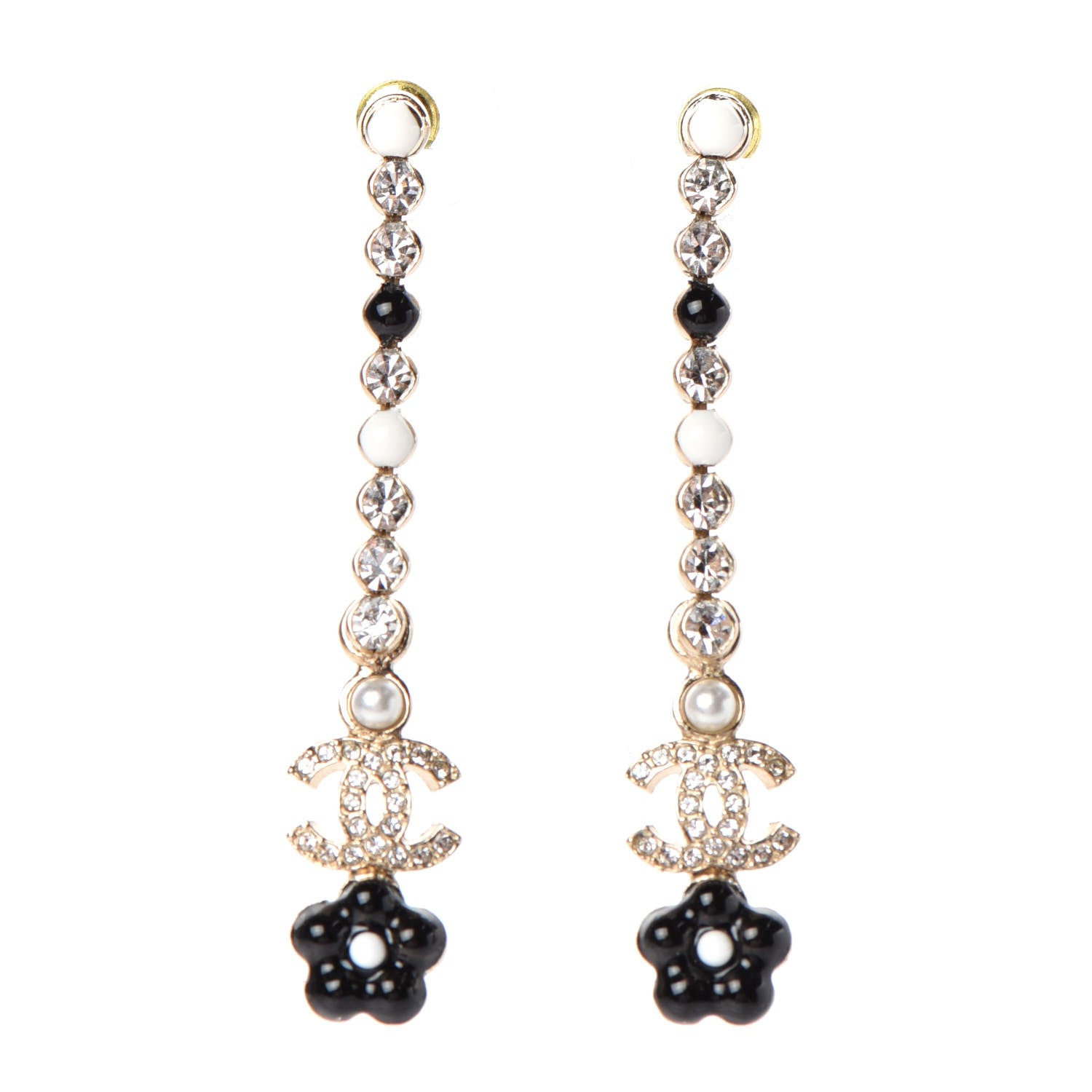 Chanel Crystal Enamel Flower CC Drop Earrings Gold White Black 1 of 4