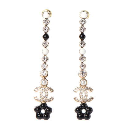 Chanel Crystal Enamel Flower CC Drop Earrings Gold White Black 1 of 4