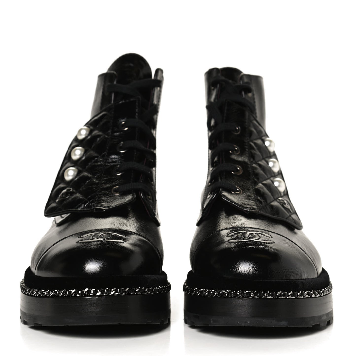 Crackled Calfskin Velvet Pearl Combat Short Boots 39.5 Black