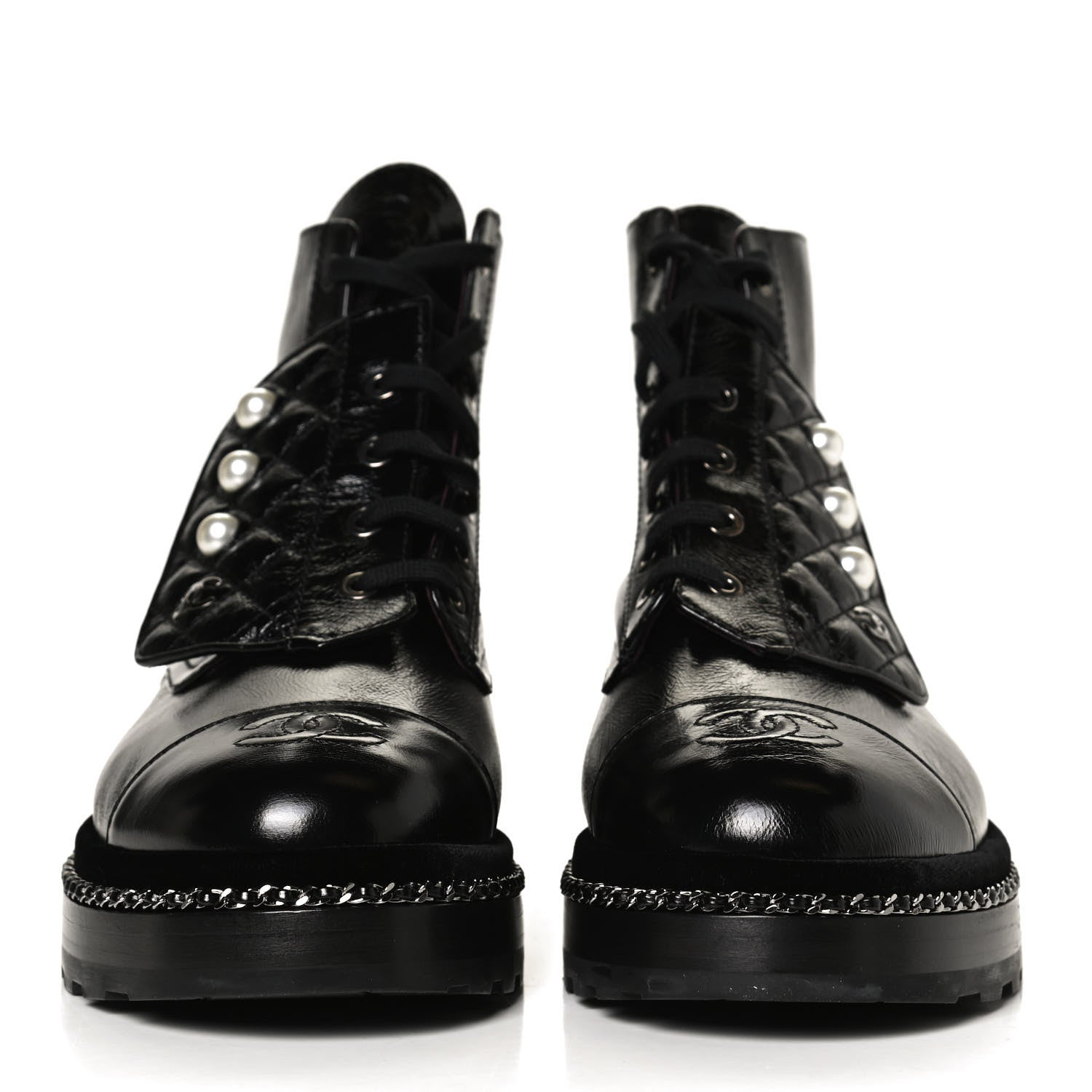 Chanel Crackled Calfskin Velvet Pearl Combat Short Boots 39.5 Black 2 of 11