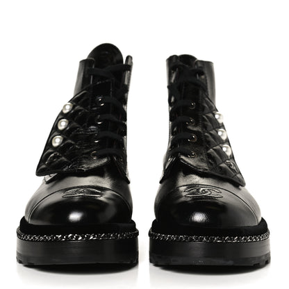 Chanel Crackled Calfskin Velvet Pearl Combat Short Boots 39.5 Black 2 of 11