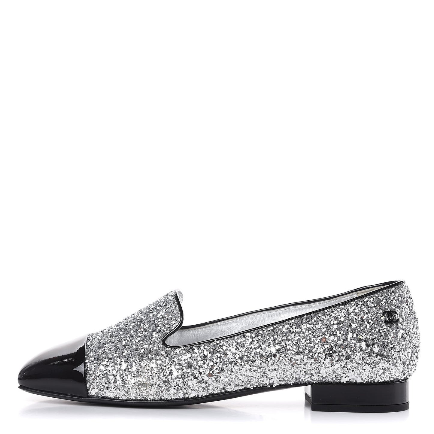 Glitter Fabric Patent Calfskin Mocassin Loafers 36.5 Black Silver