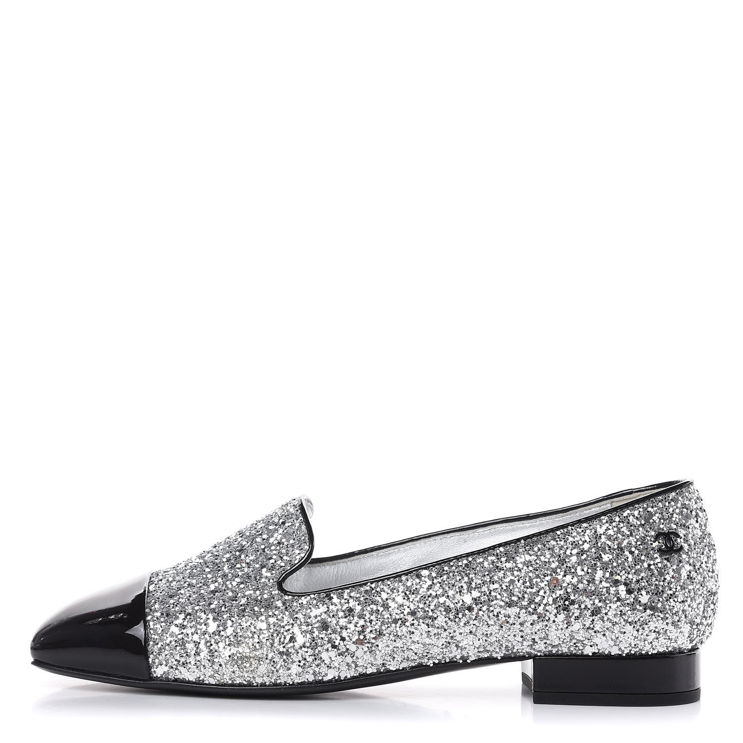 Chanel Glitter Fabric Patent Calfskin Mocassin Loafers 36.5 Black Silver 1 of 8