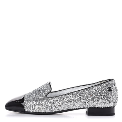 Chanel Glitter Fabric Patent Calfskin Mocassin Loafers 36.5 Black Silver 1 of 8