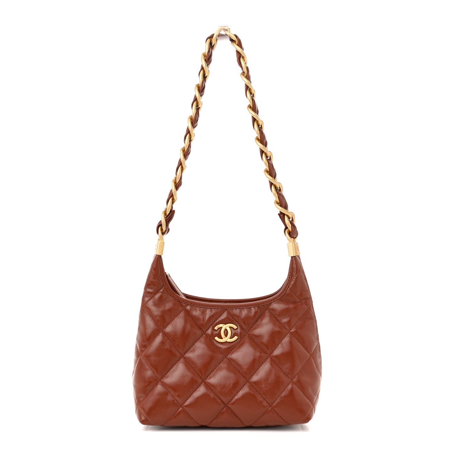 Shiny Crumpled Lambskin Quilted Small CC Funky Town Hobo Brown