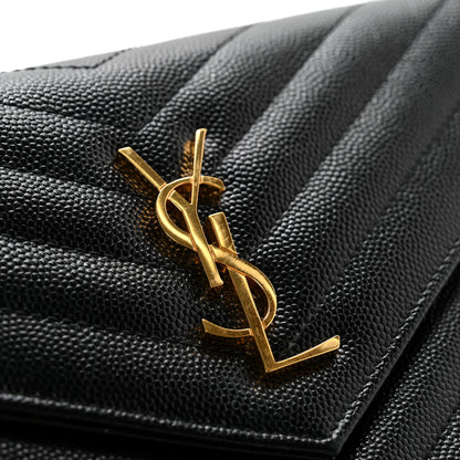 Saint Laurent Grain De Poudre Matelasse Chevron Monogram Envelope Chain Wallet Black 10 of 12