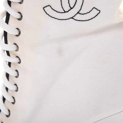 Chanel Canvas Lace Up Wedge Boots 37.5 White Black 14 of 18