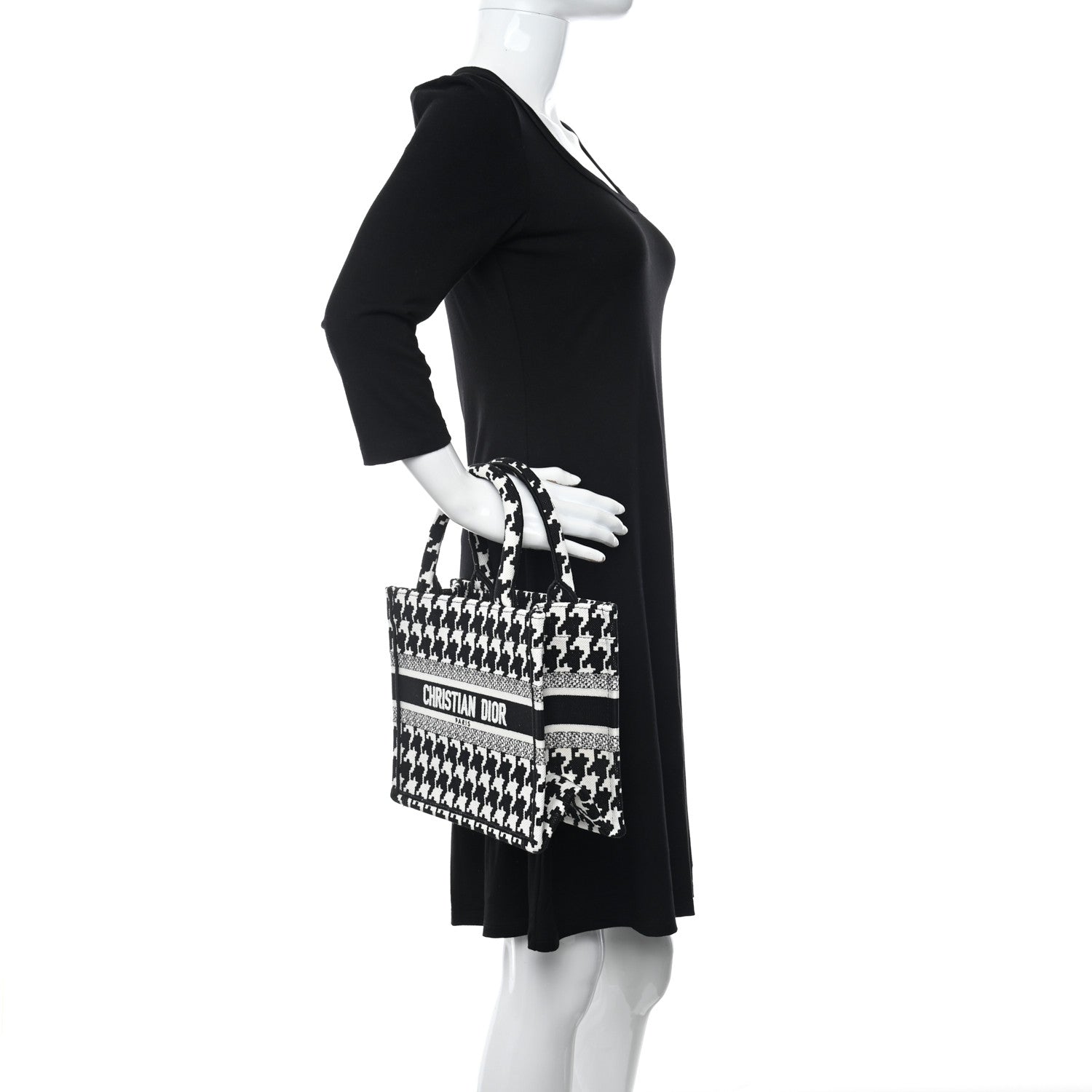 Christian Dior Canvas Houndstooth Embroidered Small Book Tote Black White 2 of 11