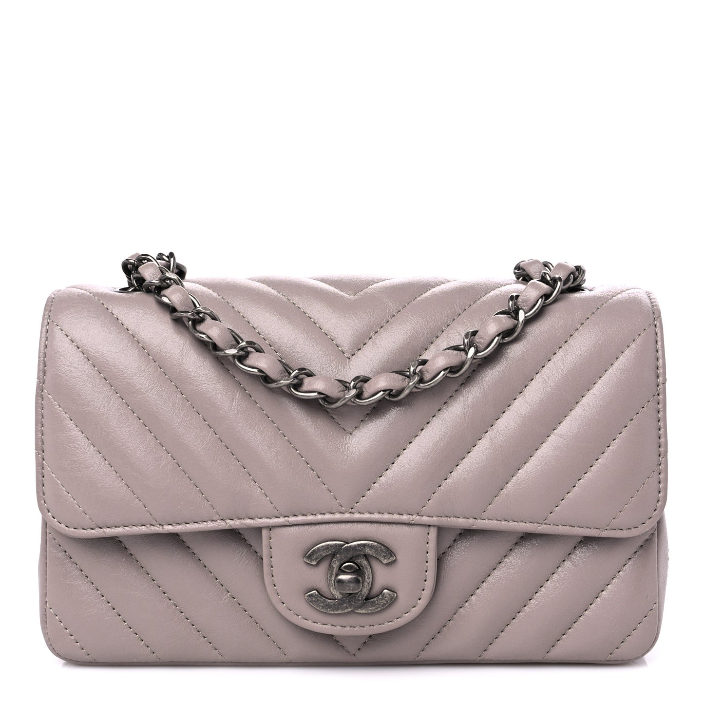 Iridescent Calfskin Chevron Quilted Mini Rectangular Flap Grey