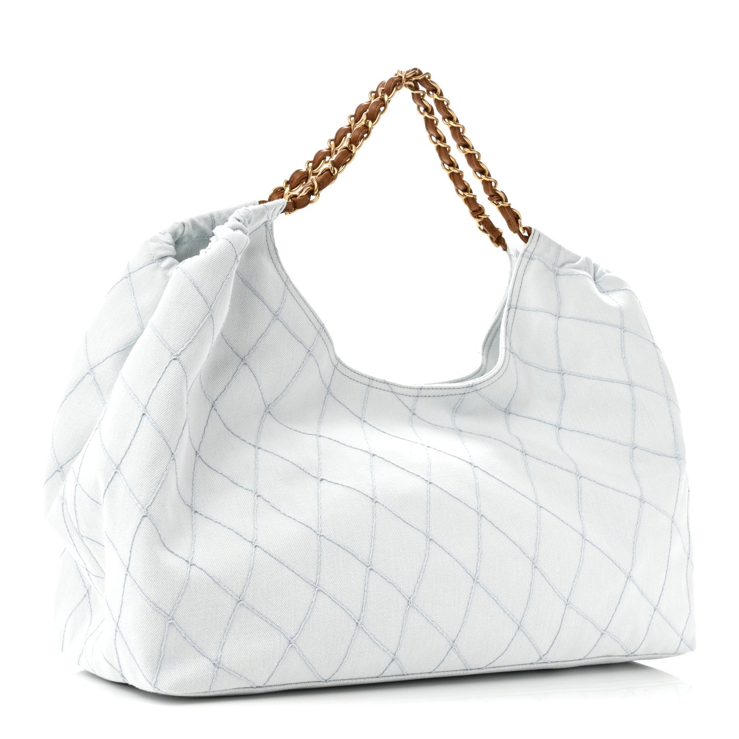 Denim Calfskin Quilted Coco Beach Small Shopping Tote Light Blue Brown