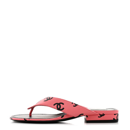 Chanel Lambskin Printed CC Thong Sandals 35 Pink Black 1 of 9