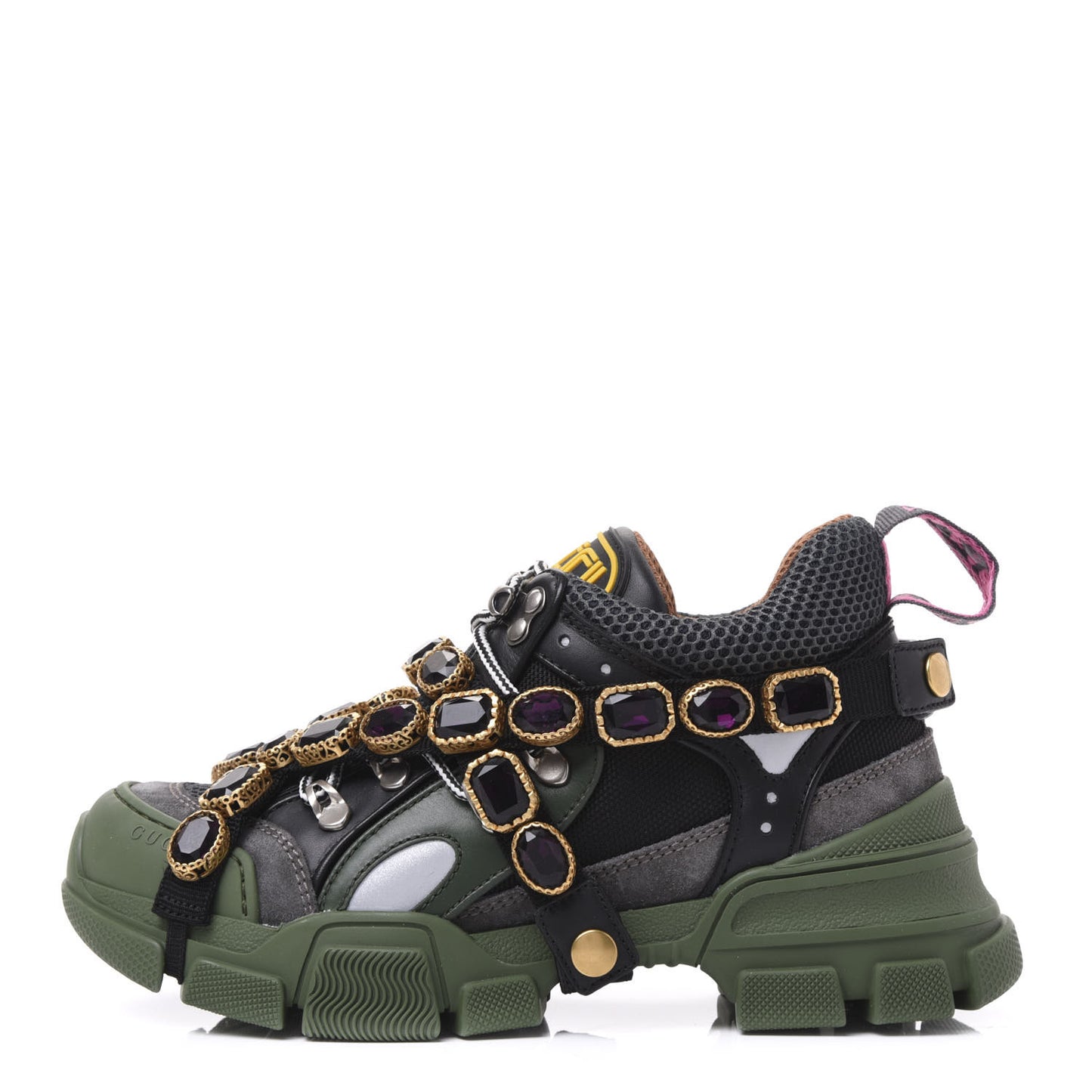 X SEGA Mesh Suede Calfskin Removable Crystals Flashtrek Sneakers 36 Loess Black Olive Green