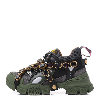 Gucci X SEGA Mesh Suede Calfskin Removable Crystals Flashtrek Sneakers 36 Loess Black Olive Green 1 of 8